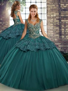 Green Sleeveless Floor Length Beading and Appliques Lace Up 15 Quinceanera Dress