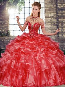 Floor Length Coral Red Quinceanera Dresses Halter Top Sleeveless Lace Up