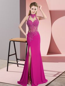 Graceful Fuchsia Chiffon Backless Halter Top Sleeveless Floor Length Lace and Appliques