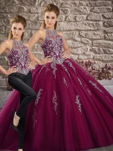Purple Halter Top Lace Up Beading and Appliques Sweet 16 Quinceanera Dress Brush Train Sleeveless