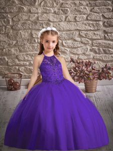 Halter Top Sleeveless Little Girls Pageant Dress Sweep Train Beading Purple Tulle