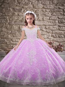 Dramatic Beading and Appliques Kids Pageant Dress Lilac Lace Up Sleeveless Sweep Train