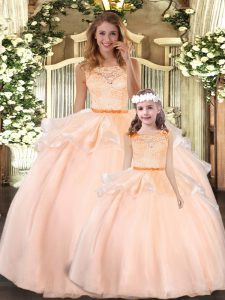 Scoop Sleeveless Quince Ball Gowns Floor Length Lace Peach Organza