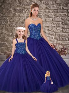 Simple Tulle Sweetheart Sleeveless Lace Up Beading Quinceanera Dress in Blue