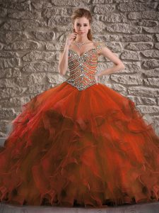 Ball Gowns Cap Sleeves Rust Red Quinceanera Dresses Brush Train Lace Up
