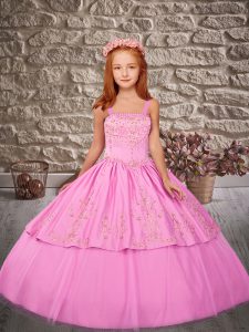 Straps Sleeveless Satin and Tulle Little Girl Pageant Dress Embroidery Sweep Train Lace Up