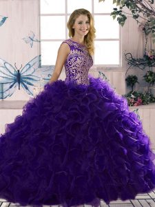Purple Scoop Lace Up Beading and Ruffles Quinceanera Gowns Sleeveless