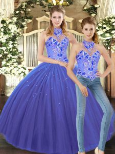 Adorable Sleeveless Tulle Floor Length Lace Up Vestidos de Quinceanera in Blue with Embroidery