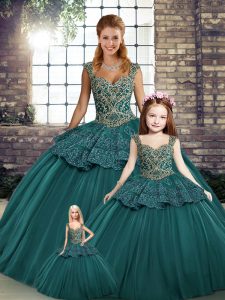 Green Tulle Lace Up Straps Sleeveless Floor Length Ball Gown Prom Dress Beading and Appliques