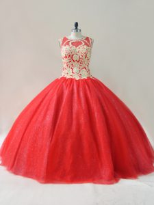 Red Sleeveless Floor Length Beading Lace Up Quinceanera Dresses