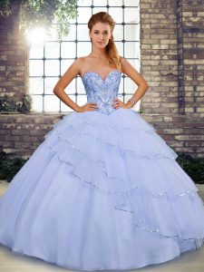 Fantastic Lavender Lace Up Sweetheart Beading and Ruffled Layers Vestidos de Quinceanera Tulle Sleeveless Brush Train