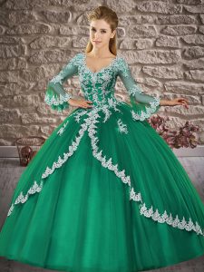 Dark Green Ball Gowns V-neck 3 4 Length Sleeve Tulle Floor Length Lace Up Lace 15 Quinceanera Dress
