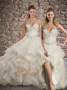 Beading and Ruffles Quinceanera Gowns Champagne Lace Up Sleeveless Brush Train
