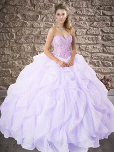 Traditional Sweetheart Sleeveless Quinceanera Gowns Floor Length Beading and Ruffles Lavender Organza