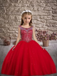 Cute Red Sleeveless Tulle Lace Up Little Girls Pageant Gowns for Wedding Party