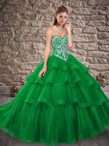 Dazzling Embroidery and Ruffled Layers 15 Quinceanera Dress Green Lace Up Sleeveless Brush Train