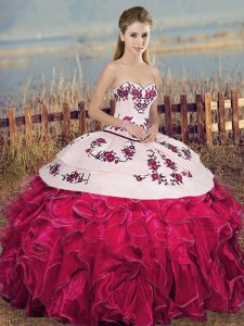 Fuchsia Sleeveless Floor Length Embroidery and Ruffles and Bowknot Lace Up Ball Gown Prom Dress