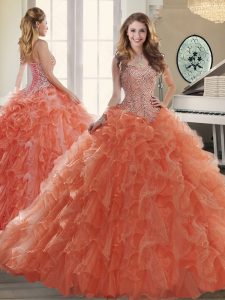 Great Sweetheart Sleeveless Organza Quinceanera Dress Beading and Ruffles Brush Train Lace Up