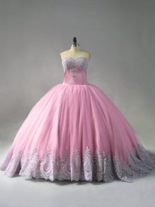 New Arrival Pink Ball Gowns Sweetheart Sleeveless Tulle Court Train Lace Up Beading and Appliques Quinceanera Dress