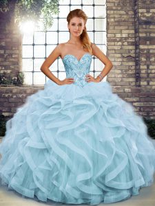 Dazzling Light Blue Tulle Lace Up Sweetheart Sleeveless Floor Length Quinceanera Gowns Beading and Ruffles
