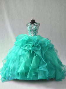 Beading and Ruffles 15th Birthday Dress Turquoise Lace Up Sleeveless Floor Length