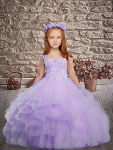 Elegant Lavender Tulle Lace Up Straps Sleeveless Little Girls Pageant Gowns Brush Train Beading and Appliques and Ruffle