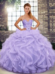 Luxury Lavender Tulle Lace Up 15th Birthday Dress Sleeveless Floor Length Beading and Ruffles
