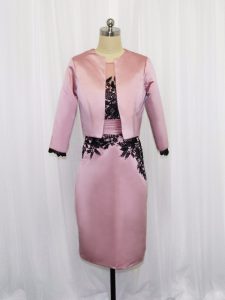 Pink Scoop Neckline Lace and Appliques Dress for Prom Long Sleeves Zipper