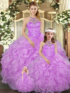 Exquisite Ball Gowns Vestidos de Quinceanera Lilac Halter Top Tulle Sleeveless Floor Length Lace Up