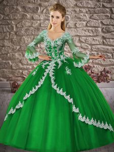 Discount 3 4 Length Sleeve Floor Length Lace Lace Up Quinceanera Dresses with Green