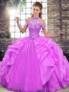 Classical Lilac Lace Up Halter Top Beading and Ruffles 15 Quinceanera Dress Organza Sleeveless