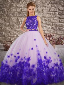 White And Purple Sleeveless Floor Length Lace and Appliques Backless Ball Gown Prom Dress
