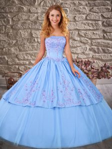 Spectacular Satin and Tulle Strapless Sleeveless Brush Train Lace Up Embroidery Sweet 16 Quinceanera Dress in Blue