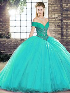 Elegant Turquoise Lace Up Vestidos de Quinceanera Beading Sleeveless Brush Train