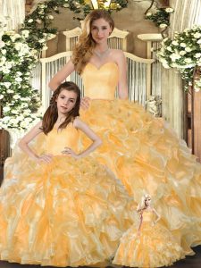 Fancy Organza Sweetheart Sleeveless Lace Up Beading and Ruffles Quinceanera Dress in Gold