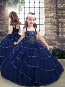 Navy Blue Tulle Lace Up Straps Sleeveless Floor Length Kids Pageant Dress Beading