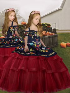 Red Straps Neckline Embroidery and Ruffled Layers Child Pageant Dress Sleeveless Lace Up