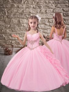 Perfect Pink Organza and Tulle Lace Up Girls Pageant Dresses Sleeveless Brush Train Beading and Ruffles