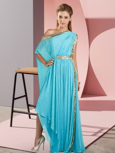 Deluxe Asymmetrical Empire Sleeveless Aqua Blue Prom Dresses Side Zipper