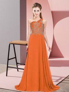 Glittering Floor Length Side Zipper Evening Dress Orange for Prom and Party with Beading