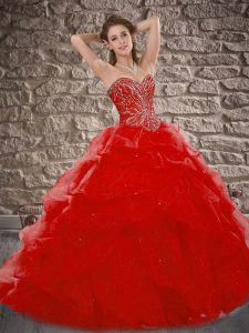 Red Sleeveless Brush Train Beading and Pick Ups Sweet 16 Dress