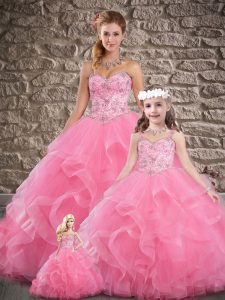 Sleeveless Brush Train Lace Up Beading and Ruffles Quince Ball Gowns