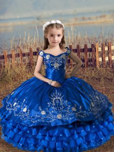 Ball Gowns Pageant Dress Royal Blue Off The Shoulder Satin and Organza Sleeveless Floor Length Lace Up