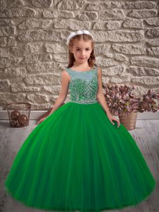 Fashionable Tulle Scoop Sleeveless Sweep Train Lace Up Beading Pageant Dress for Womens in Green