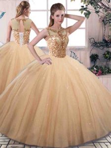 Sophisticated Floor Length Ball Gowns Sleeveless Gold 15th Birthday Dress Lace Up