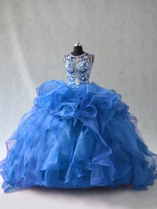 Affordable Blue Sleeveless Beading and Ruffles Floor Length Quinceanera Dress