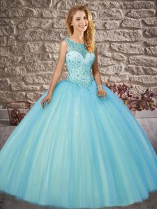 Edgy Aqua Blue Quinceanera Gown Military Ball and Sweet 16 and Quinceanera with Beading Scoop Sleeveless Brush Train Bac