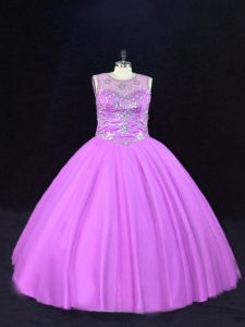 Lilac Sleeveless Floor Length Beading Lace Up Quinceanera Dresses