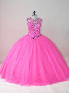 Perfect Floor Length Lace Up Sweet 16 Dresses Rose Pink for Sweet 16 and Quinceanera with Beading