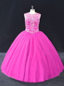 Floor Length Lace Up Quinceanera Dresses Fuchsia for Sweet 16 and Quinceanera with Beading